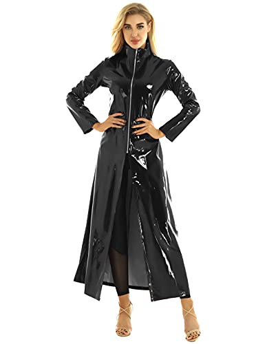 FEESHOW Unisex PVC Mantel Glänzend Lederjacke Lang Matrix Cosplay Kostüm Jacke Wetlook Mantel Robe Coat mit Stehkragen Sexy Clubwear Party Schwarz S von FEESHOW