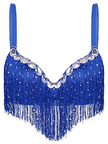 Feeshow Damen Pailletten Quaste BH Bustier Push Up mit Strass Glitzer Bauchtanz Oberteil Musik Festival Party Nachtclub Kostüme Tanzbekleidung Tops Royal Blue Einheitsgröße von FEESHOW