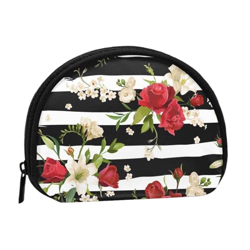 Bunte Fischmuschel-Aufbewahrungstasche, kompakte und praktische Brieftasche für Kleingeld, Schwarz Weiß Streifen Rot Rose Blumen, Einheitsgröße von FEETOX