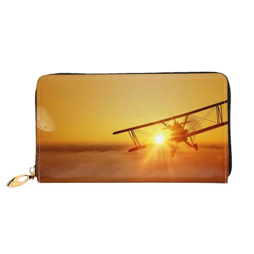 FEETOX Flugzeug Flugzeug bei Sonnenuntergang Lange Kupplung Geldbörse Leder Geldbörsen Clutch Leder Geldbörsen Mode Leder Geldtasche Lange Bifold Leder Billfold, Schwarz , Einheitsgröße von FEETOX