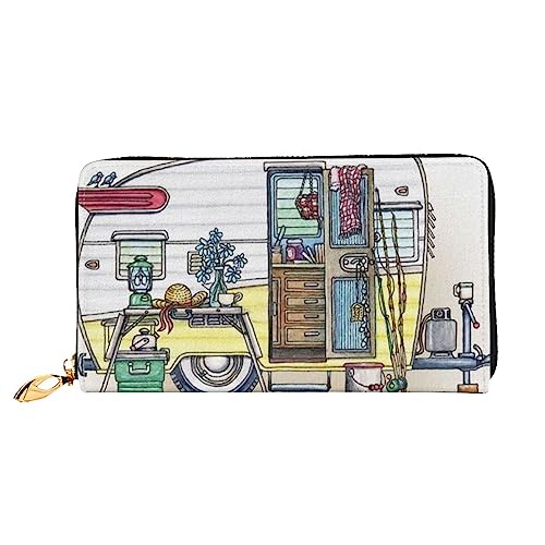 FEETOX Happy Campers Lange Clutch Geldbörse Leder Geldbörsen Clutch Leder Geldbörsen Mode Leder Geldtasche Lange Bifold Leder Billfold, Schwarz , Einheitsgröße von FEETOX