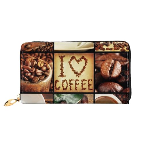 FEETOX Kaffee Collage Lange Clutch Brieftasche Leder Geldbörsen Clutch Leder Geldbörsen Mode Leder Geldtasche Lange Bifold Leder Billfold, Schwarz , Einheitsgröße von FEETOX