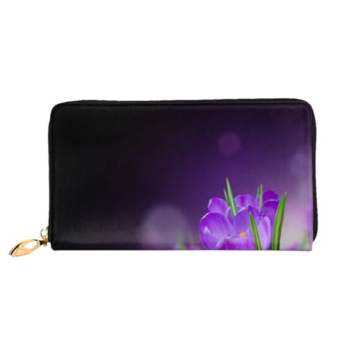 FEETOX Lange Handheld Leder Geldbörse Mode Grüne Blätter und Lila Blumen Brieftasche Business Leder Pocketbook Geldtasche für Geschenke, Schwarz , Einheitsgröße von FEETOX