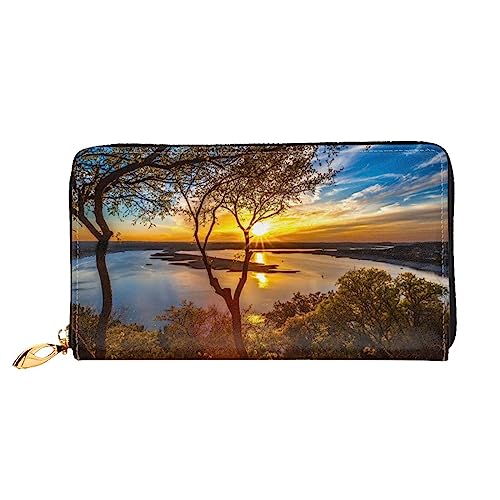 FEETOX Ocean Sunset Lange Clutch Geldbörse Leder Geldbörsen Clutch Leder Geldbörsen Mode Leder Geldtasche Lange Bifold Leder Billfold, Schwarz , Einheitsgröße von FEETOX