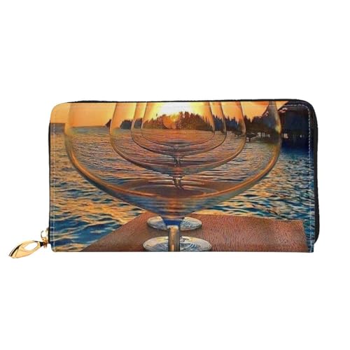 FEETOX Weinglas im Sonnenuntergang Lange Clutch Geldbörse Leder Geldbörsen Clutch Leder Geldbörsen Mode Leder Geldtasche Lange Bifold Leder Billfold, Schwarz , Einheitsgröße von FEETOX