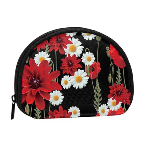 Schädel- und Blumenmuschel-Aufbewahrungstasche, kompakte und praktische Brieftasche für Kleingeld, Rote Blume und weiße Gänseblümchen, Einheitsgröße von FEETOX