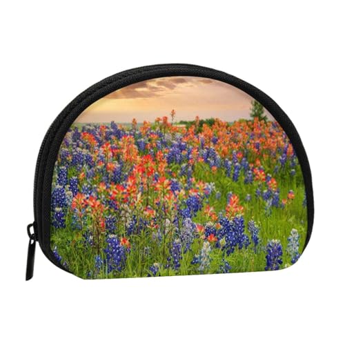 Schädel- und Blumenmuschel-Aufbewahrungstasche, kompakte und praktische Brieftasche für Kleingeld, Texas Bluebonnets Landschaft, Einheitsgröße von FEETOX