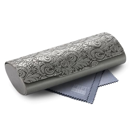 FEFI Brillenetui Hardcase – Premium Kunstleder & Softtouch – Florale Prägung in Relief-Optik – Magnetverschluss – Perfekter Schutz – inkl. Mikrofasertuch – Damen & Herren (Grau) von FEFI
