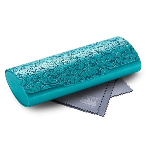 FEFI Brillenetui Hardcase – Premium Kunstleder & Softtouch – Florale Prägung in Relief-Optik – Magnetverschluss – Perfekter Schutz – inkl. Mikrofasertuch – Damen & Herren (Türkis) von FEFI