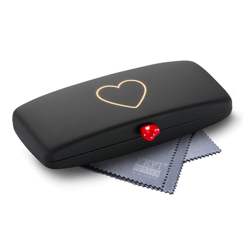 FEFI - Brillenetui Hardcase mit aussergewöhnlicher Herz-Applikation – Softtouch Oberfläche und Glitzer Herz – Premium Qualität – Schickes Design – Inkl. Brillenputztuch (Schwarz) von FEFI