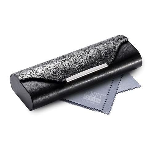 FEFI Brillenetui Hardcase - Edles Design in Relief-Leder-Optik mit Chrom-Applikation, robust und langlebig, inkl. hochwertigem Mikrofasertuch (schwarz) von FEFI