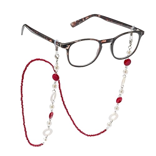FEFI - Brillenkette: ELLA mit echtem Perlmutt und synth. Perlen - für Sonnenbrillen, Lesebrillen oder Korrekturbrillen - mit Karabiner und Silikonschlaufen (rot) von FEFI