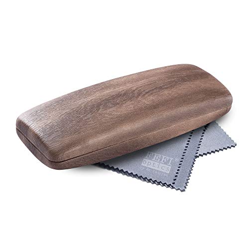 FEFI Hardcase Brillenetui in neuer Holz-Optik - Mit Metallscharnier - Inklusive hochwertigem Brillenputztuch/Mikrofasertuch (Hellbraun) von FEFI