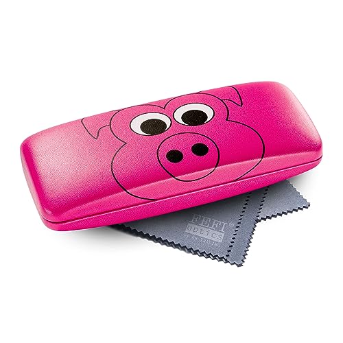 FEFI Kinder-Brillenetui mit lustigen Tiermotiven - Hardcase mit Metallscharnier - Inklusive hochwertigem Brillenputztuch/Mikrofasertuch (Pink) von FEFI