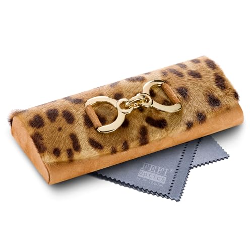 FEFI Premium Brillenetui Hardcase aus Echt-Leder & Wildleder – Handmade mit Fellbesatz & goldfarbener Applikation – Elegantes Lederetui inkl. Mikrofasertuch (Hell) von FEFI