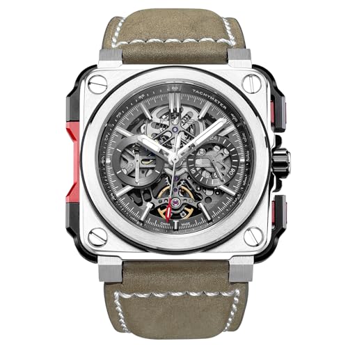 FEICE Eckige Herren Armbanduhr Mechanische Automatik Herrenuhr Saphirglas Skelett Zifferblatt Braunes Lederarmband Wasserdicht bis 10 ATM - FM507 von FEICE