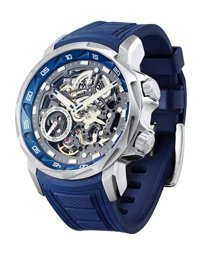 FEICE Herren Automatikuhr Skelett Saphirglas mit Blauem Gummiarmband Edelstahlgehäuse 46 mm FM511 von FEICE