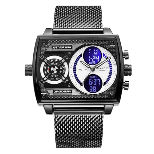 FEICE Multifunktionale Herrenuhr Quadratisch Großes Zifferblatt Analog Digital Quarzuhr Modisch Edelstahl 47 mm FK814 Schwarz von FEICE