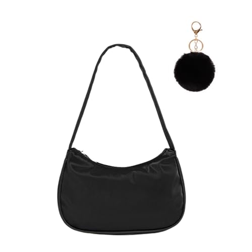 Umhängetasche Damen Leder Handtasche, 90s Women's Shoulder Bag, Mini Schultertasche mit Pom-Pom-Schlüsselanhänger, Tasche Kleine y2k Fashion Handtaschen für Frauen (Schwarz) von FEICHANGHAO