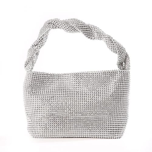 FEICHANGWM Geknotete Schulterriemen Verdeckte Schnalle Abendtasche Handmade Diamond Encrusted Damentasche Mit Diamanten Quadratische Tasche Silber von FEICHANGWM