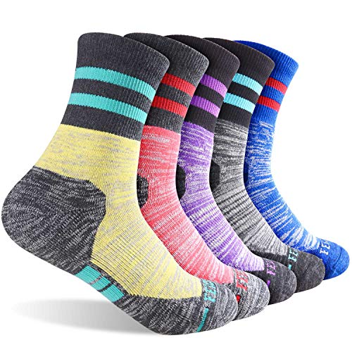 Damen Wandersocken FEIDEER Multipack Outdoor Freizeit Socken Wicking Cushion Crew Socken, Blau/Dunkelgrau/Violett/Hellrot/Hellgelb, Large von FEIDEER