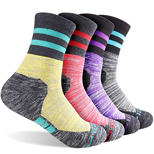 FEIDEER Damen Wandern Walking Socken, Mutli Pack Outdoor Recreation Socken Wicking Cushion Crew Socken groß Dunkelgrau/Lila/Light Red/Hellgelb von FEIDEER