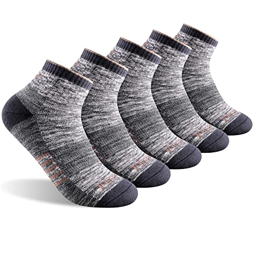 FEIDEER Wandersocken für Herren und Damen, feuchtigkeitsableitend, Baumwollkissen, Knöchel-/Viertelsocken, mit Fußgewölbeunterstützung, 5 Paar dunkelgraue Knöchel, X-Large von FEIDEER