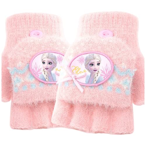 FEIFEI'S BOW Fingerlose Flap-Cover-Handschuhe Elsa Spider Winter Knit Warm Fäustlinge Gefüttert Fleece Thermo Outdoor Halbfinger mit Bezug Convertible Flip Top für Kinder Jungen Mädchen, Rosa Elsa von FEIFEI'S BOW