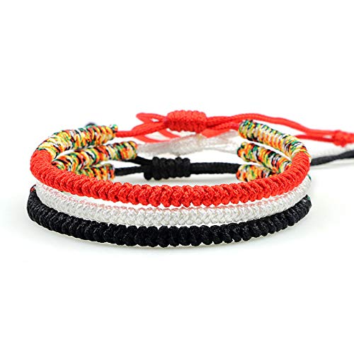 Gewebtes Armband,Rot Weiß Schwarz Geflochtenes Seil Armband Fußkettchen Handgemachte Knoten Seil Armreif Verstellbarer Tibetischer Buddha-Charme Glück Für Frauen Männer Paar Geschenk Unisex von FEIHUI