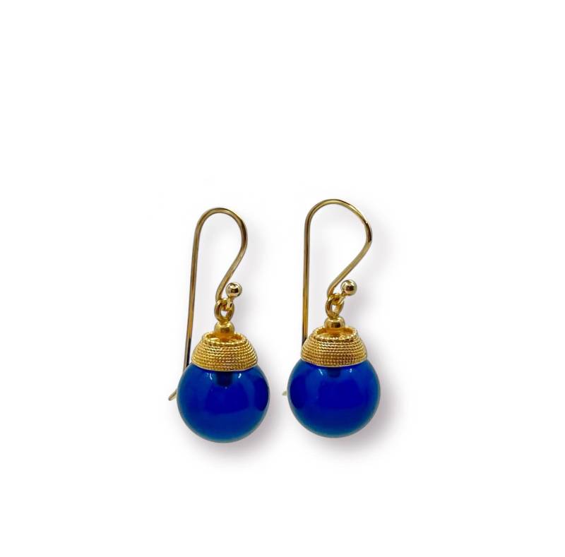 Ohrhänger Mit Bernstein Kugel, D = 12mm "Blau", Zier-Fassung in 925Er Silber Gelbgold Plattierung von FEINFORMGoldschmiede