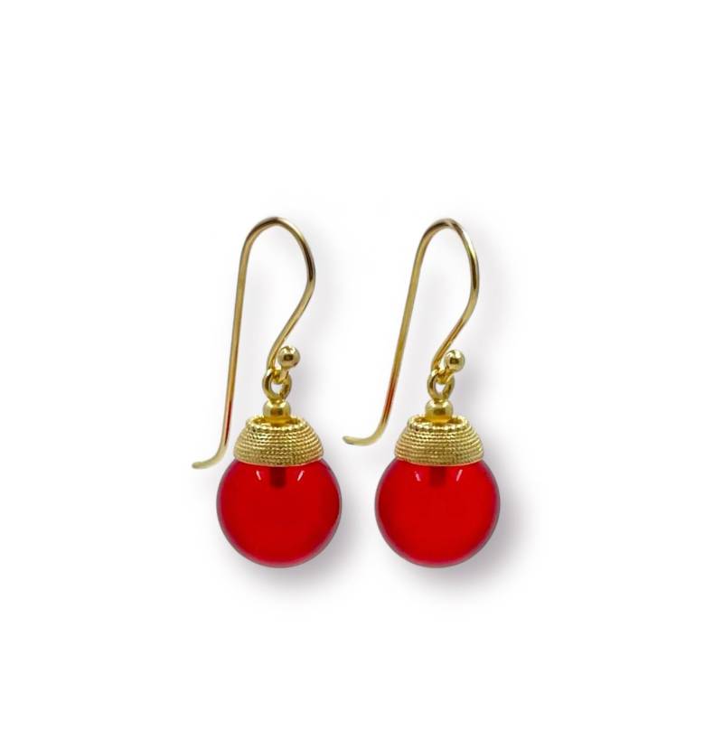 Ohrhänger Mit Bernstein Kugel D = 12 Mm "Rot", Zier-Fassung in 925Er Silber 750Er Gelbgold Plattierung von FEINFORMGoldschmiede