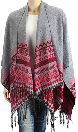 FEINZWIRN Arngrim - Poncho mit Wendefunktion, Cape mit geometrischen Mustern (grau/rot) von FEINZWIRN