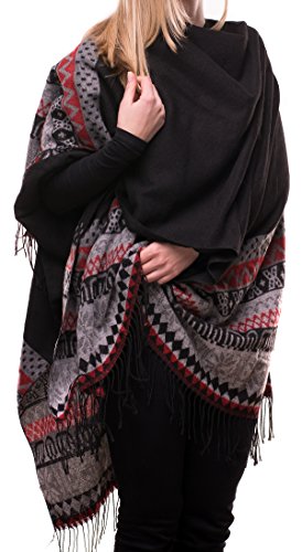 FEINZWIRN Arngrim - Poncho mit Wendefunktion, Cape mit geometrischen Mustern (schwarz/rot) von FEINZWIRN