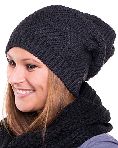 FEINZWIRN lang geschnittene Beanie Strick Mütze Unisex mit tollem Muster 250-280 (anthrazit) von FEINZWIRN