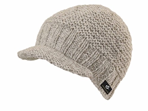 Feinzwirn Teddy Mütze handmade in Nepal Strickmütze Schirmmütze Schildmütze mit Fleece 100% Wolle, grau-beige, Einheitsgröße von FEINZWIRN