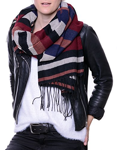 Jade - übergroßer rechteckiger Schal, Wendeschal mit Streifenmuster (Marineblau+Bordeaux+ schwarz) von FEINZWIRN