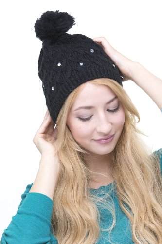 Kira Hat - Schöne Strickmütze mit Bommel und Strasssteinen - Fleece Inside (Black) von FEINZWIRN