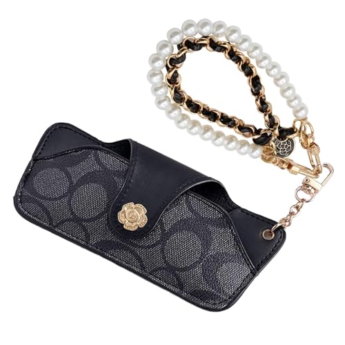 FEIQIAO Brillenetui aus weichem Leder, für Damen, tragbar, ultradünn, mit Perlenkette, Schwarze runde Blume, Large FEIQIAO Brillenetui aus weichem Leder, für Damen, tragbar, ultradünn, mit Perlenkette, Schwarze runde Blume, Large von FEIQIAO