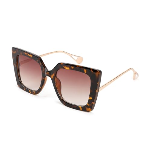 FEISEDY Retro 70er Jahre Sonnenbrille Damen Übergröße Eckig Brille, Metallbügel mit Perlenintarsie, mit Farbverlauf und UV400-Schutz B2625 von FEISEDY