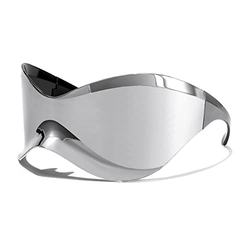 FEISEDY Übergroße Futuristische Schild Sonnenbrille für Damen Herren Alien Wrap Around Y2K Mode Visier mit UV400 Schutz B9101,Silber von FEISEDY