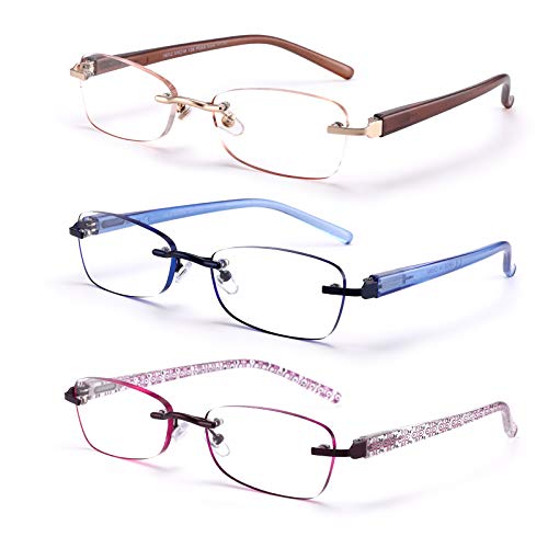 FEIVSN Randlose Lesebrille für Damen, leichte Federscharnier-Lesebrille, klassisch, elegant, künstlerische Brillen, UV 400 (Mix 3,5 usw.), 3 Stück von FEIVSN