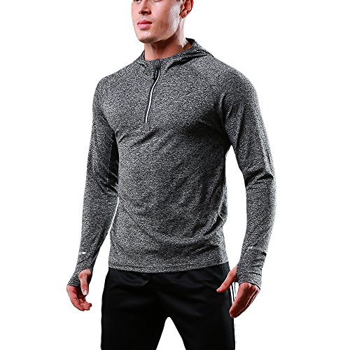 FELiCON Herren Zip Langarm Kapuzen T-Shirt Schnell trocknend Warm-up Sweatshirt Laufen Jogging Top T Herrenbekleidung Base Layer Sportswear Hoodie-(Dunkelgrau,XXL) von FELiCON