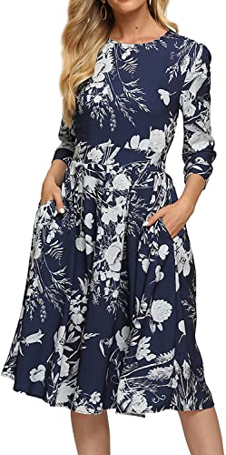 FELOVE Damen Cocktailkleid Vintage Elegant Party Knielang Rundhalsausschnitt Blumen Faltenrock Retro Rockabilly 1950er A-Line Midilang 3/4 Ärmel Abendkleider festlich Ballkleid Brautjungfernkleider von FELOVE