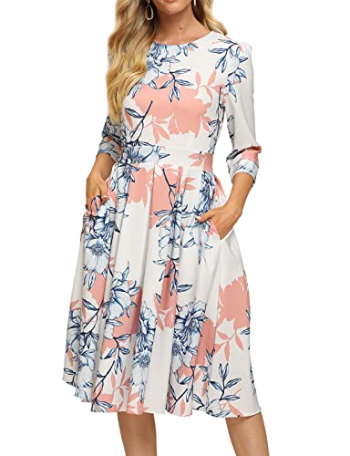 FELOVE Damen Cocktailkleid Vintage Elegant Party Knielang Rundhalsausschnitt Blumen Faltenrock Retro Rockabilly 1950er A-Line Midilang 3/4 Ärmel Abendkleider festlich Ballkleid Brautjungfernkleider von FELOVE