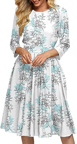 FELOVE Damen Cocktailkleid Vintage Elegant Party Knielang Rundhalsausschnitt Blumen 1950er A-Line Midilang 3/4 Ärmel von FELOVE