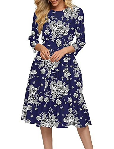 FELOVE Damen Cocktailkleid Vintage Elegant Party Knielang Rundhalsausschnitt Blumen Faltenrock Retro Rockabilly 1950er A-Line Midilang 3/4 Ärmel Abendkleider festlich Ballkleid Brautjungfernkleider von FELOVE