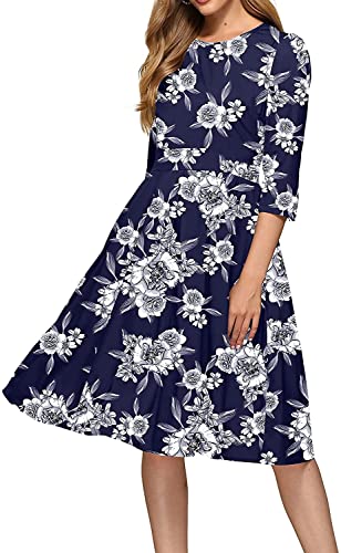 FELOVE Damen Cocktailkleid Vintage Elegant Party Knielang Rundhalsausschnitt Blumen Faltenrock Retro Rockabilly 1950er A-Line Midilang 3/4 Ärmel Abendkleider festlich Ballkleid Brautjungfernkleider von FELOVE