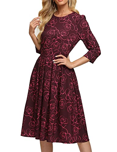 FELOVE Damen Cocktailkleid Vintage Elegant Party Knielang Rundhalsausschnitt Blumen Faltenrock Retro Rockabilly 1950er A-Line Midilang 3/4 Ärmel Abendkleider festlich Ballkleid Brautjungfernkleider von FELOVE