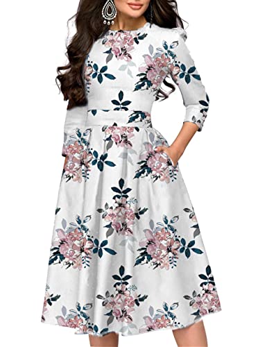 FELOVE Damen Cocktailkleid Vintage Elegant Party Knielang Rundhalsausschnitt Blumen Faltenrock Retro Rockabilly 1950er A-Line Midilang 3/4 Ärmel Abendkleider festlich Ballkleid Brautjungfernkleider von FELOVE