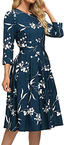 FELOVE Damen Cocktailkleid Vintage Elegant Party Knielang Rundhalsausschnitt Blumen Faltenrock Retro Rockabilly 1950er A-Line Midilang 3/4 Ärmel Abendkleider festlich Ballkleid Brautjungfernkleider von FELOVE